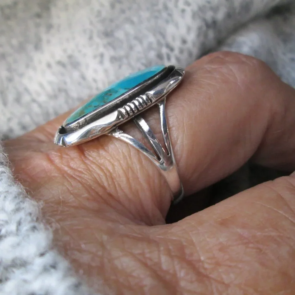 Turquoise Ring>925 Sterling Silver Ring,Genuine Turquoise Ring,Southwestern - Picture 4 of 8